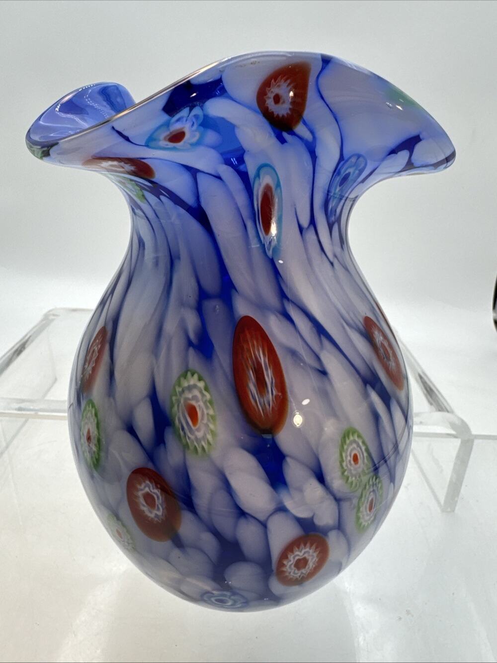 Millefiori Aqua Blue Multi Hand Blown Art Glass Vase Glass Ruffle -8.5”